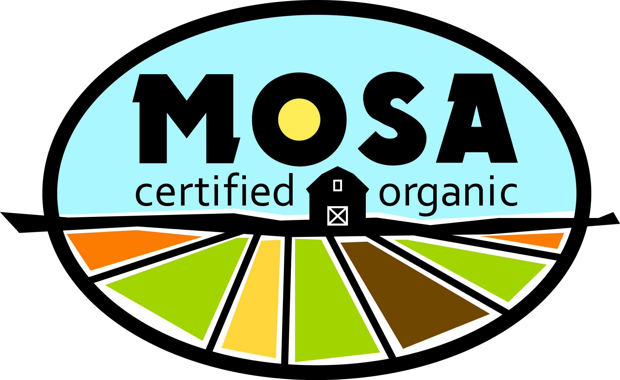 MOSA certified organic logo featuring a barn silhouette and colorful field segments, representing organic farming and certification.