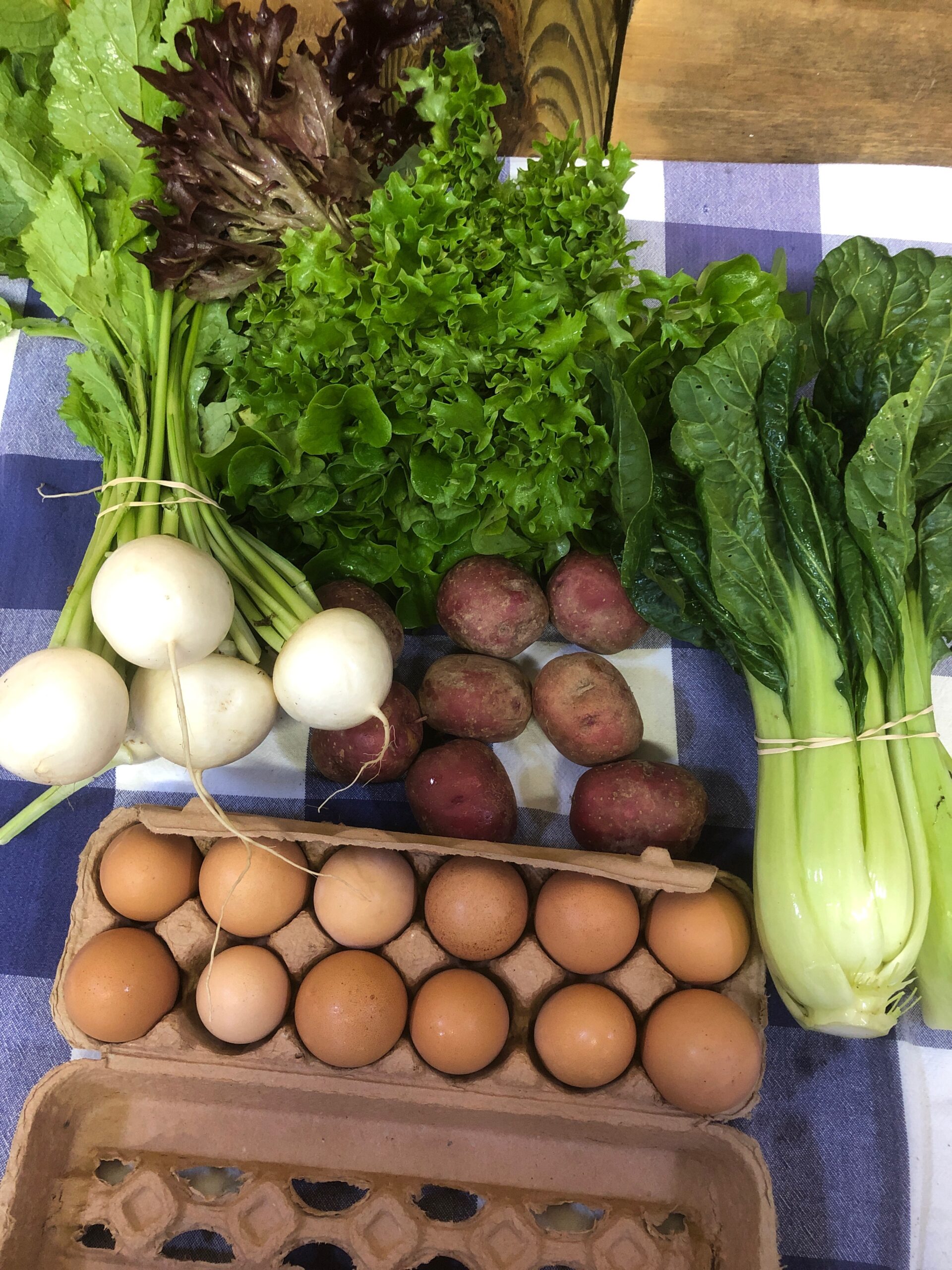 Fresh vegetables and eggs arranged on a blue and white checkered tablecloth, featuring leafy greens, turnips, red potatoes, and bok choy, showcasing a healthy farm-to-table selection.